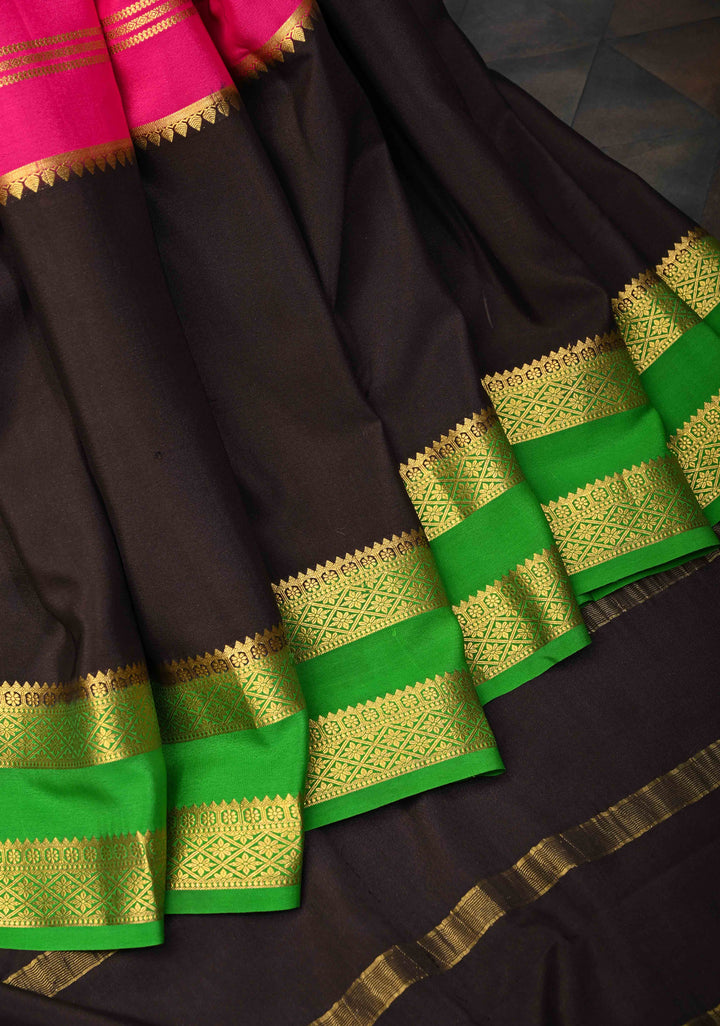 Bright Pink Mysore Silk Saree with Horizontal Stripes and Black Panel Zari Border in KSIC Grade Thickness | SILK MARK CERTIFIED