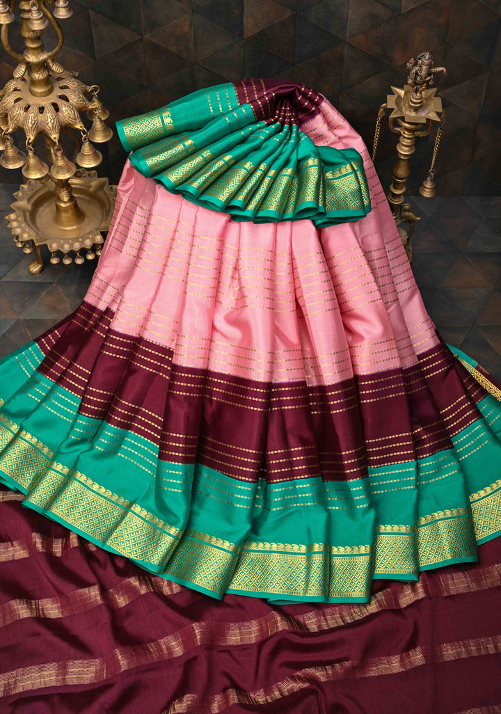 Pink Mysore Silk Saree with Horizontal Zari stripes and Panel Border in KSIC Grade Thickness | SILK MARK CERTIFIED