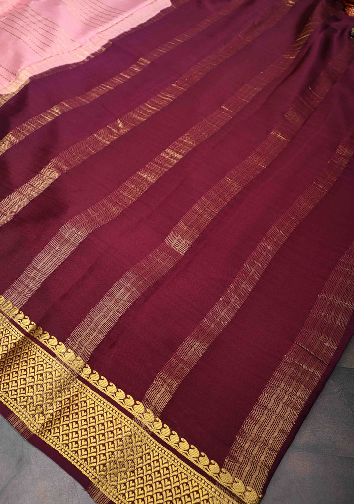 Pink Mysore Silk Saree with Horizontal Zari stripes and Panel Border in KSIC Grade Thickness | SILK MARK CERTIFIED