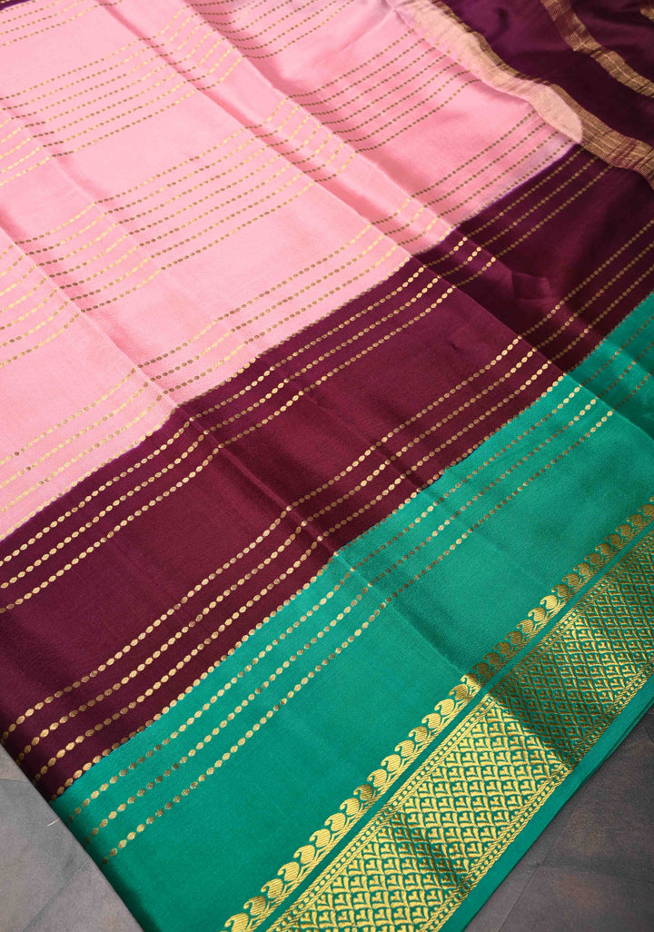 Pink Mysore Silk Saree with Horizontal Zari stripes and Panel Border in KSIC Grade Thickness | SILK MARK CERTIFIED