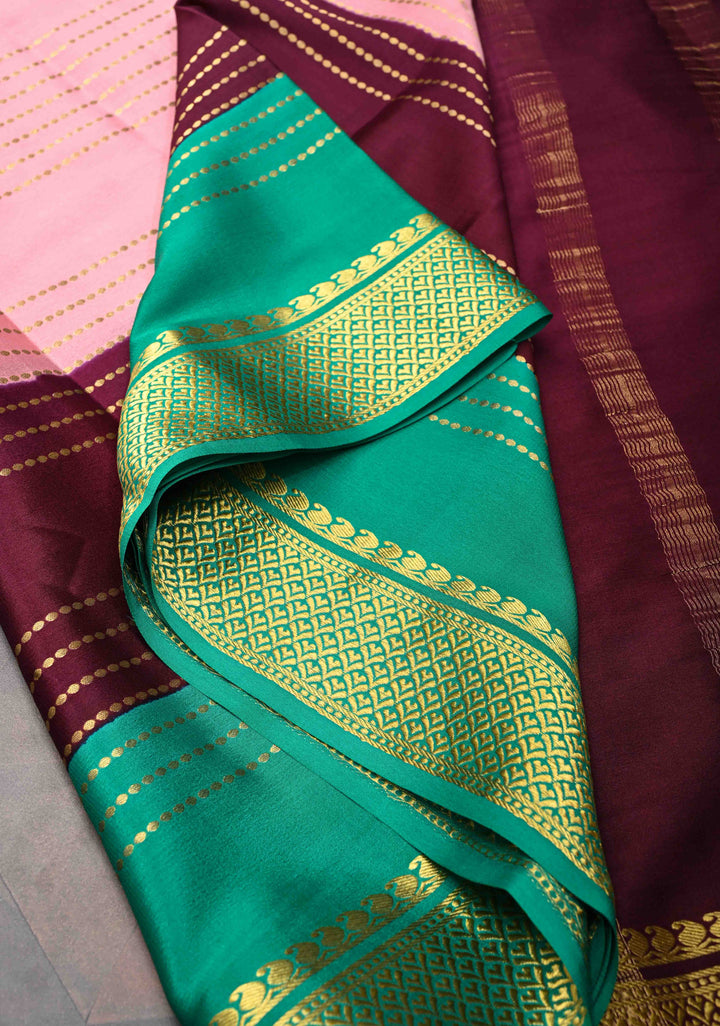 Pink Mysore Silk Saree with Horizontal Zari stripes and Panel Border in KSIC Grade Thickness | SILK MARK CERTIFIED