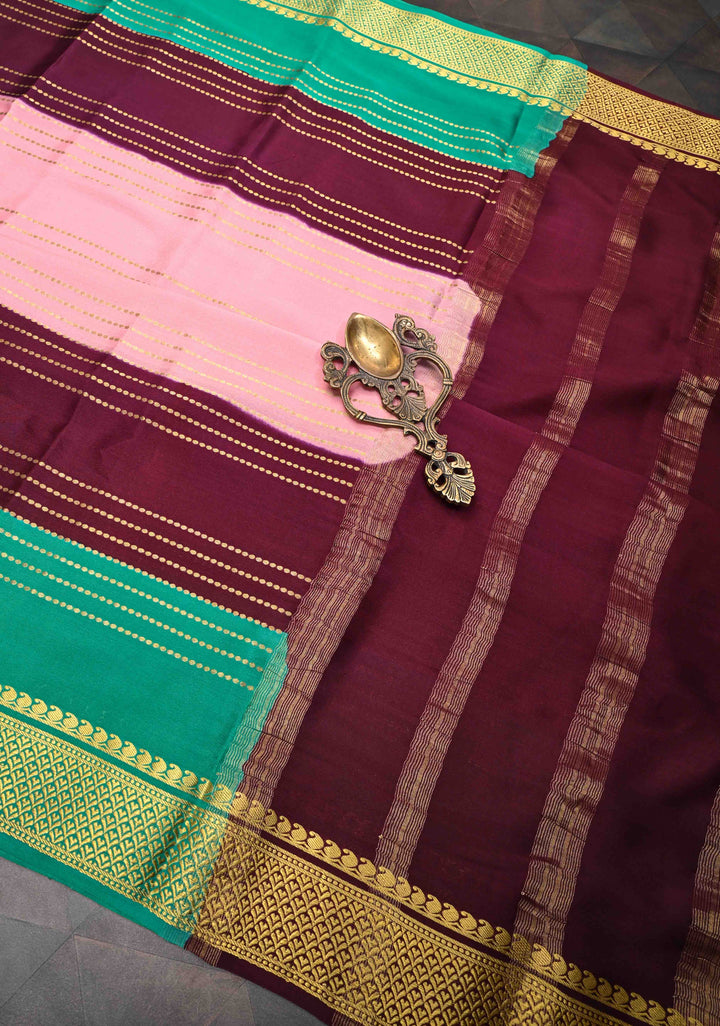 Pink Mysore Silk Saree with Horizontal Zari stripes and Panel Border in KSIC Grade Thickness | SILK MARK CERTIFIED