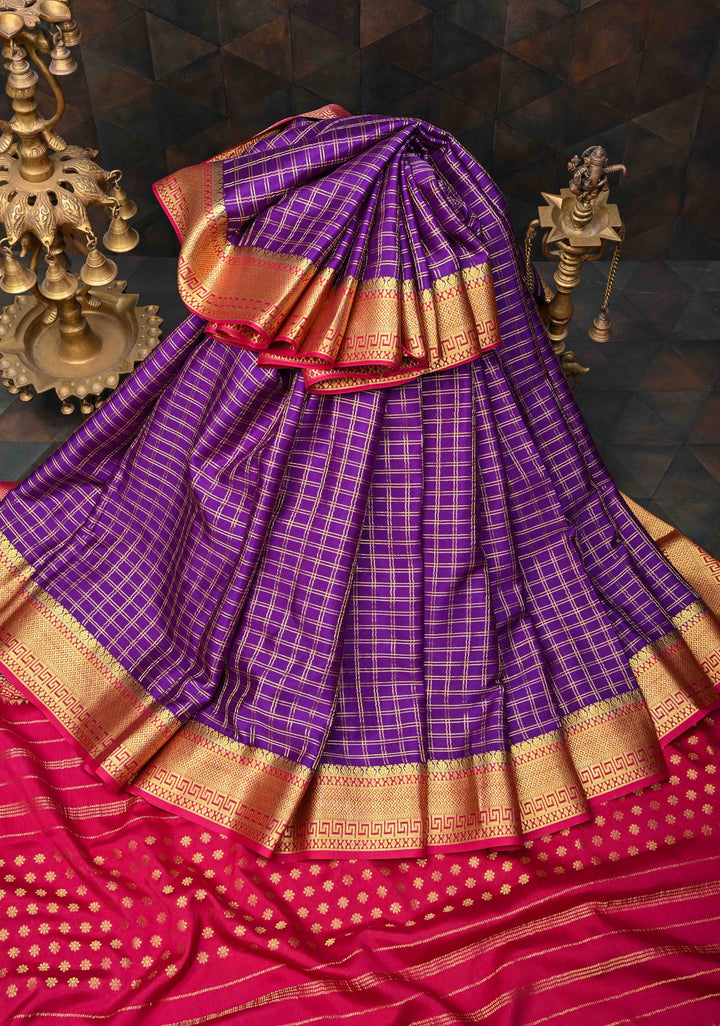 Purple Checks Zari Mysore silk Saree With Zari Border in KSIC Grade Thickness | SILK MARK CERTIFIED