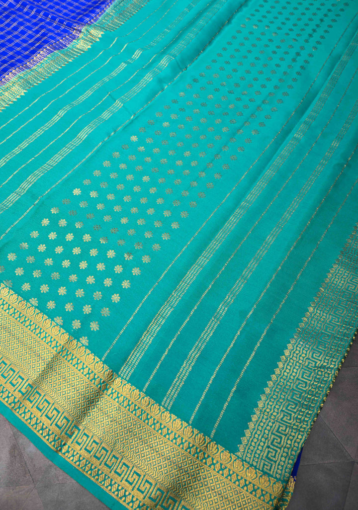 Royal Blue Zari Checks Mysore silk Saree with Zari Border in KSIC Grade Thickness | SILK MARK CERTIFIED