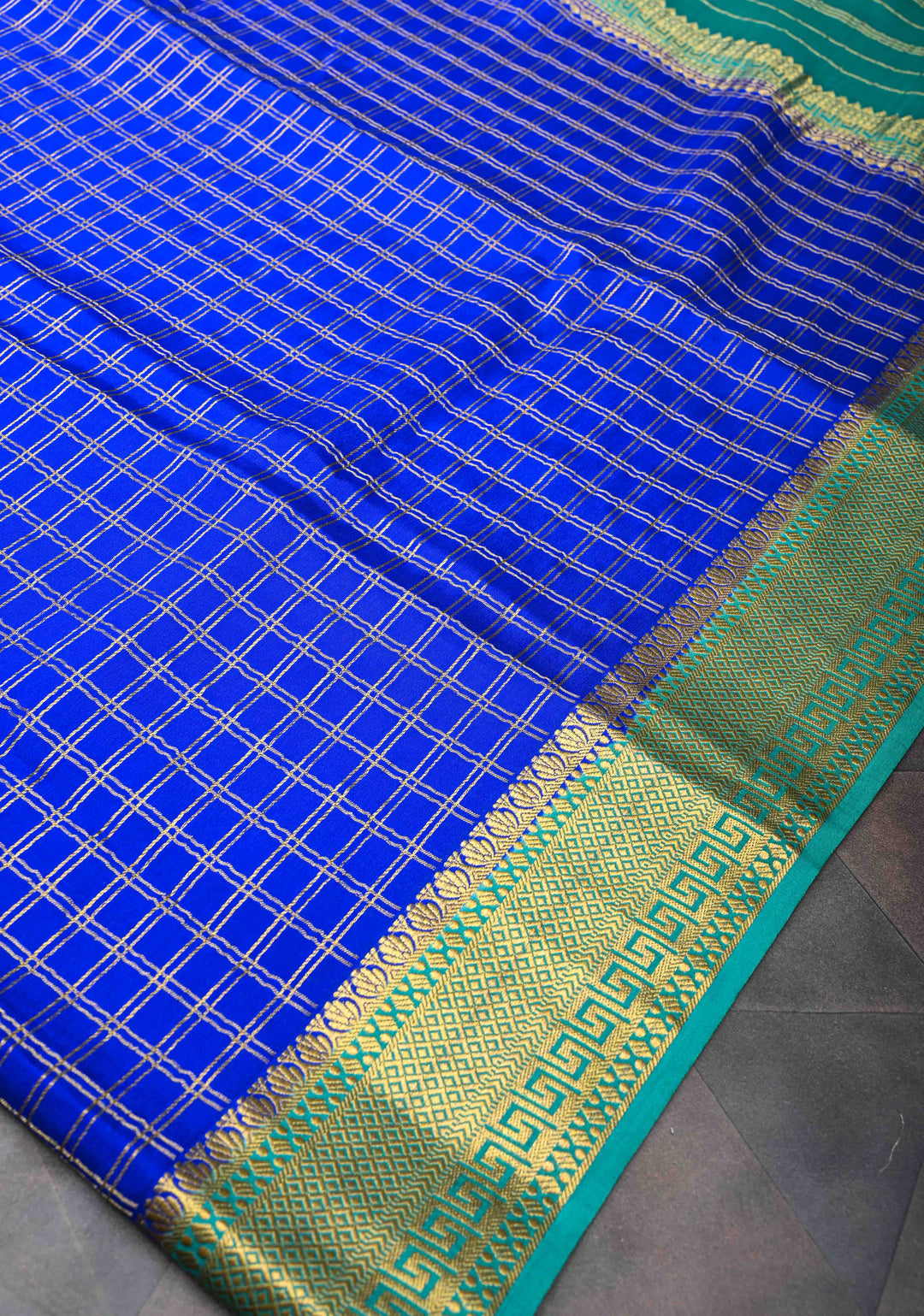 Royal Blue Zari Checks Mysore silk Saree with Zari Border in KSIC Grade Thickness | SILK MARK CERTIFIED
