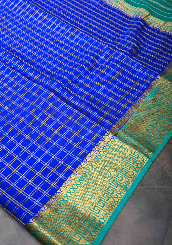 Royal Blue Zari Checks Mysore silk Saree with Zari Border in KSIC Grade Thickness | SILK MARK CERTIFIED
