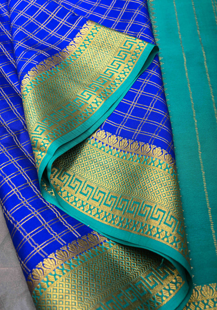 Royal Blue Zari Checks Mysore silk Saree with Zari Border in KSIC Grade Thickness | SILK MARK CERTIFIED