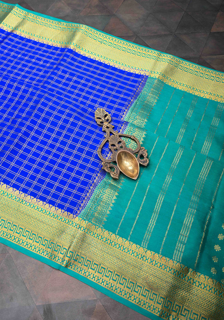 Royal Blue Zari Checks Mysore silk Saree with Zari Border in KSIC Grade Thickness | SILK MARK CERTIFIED