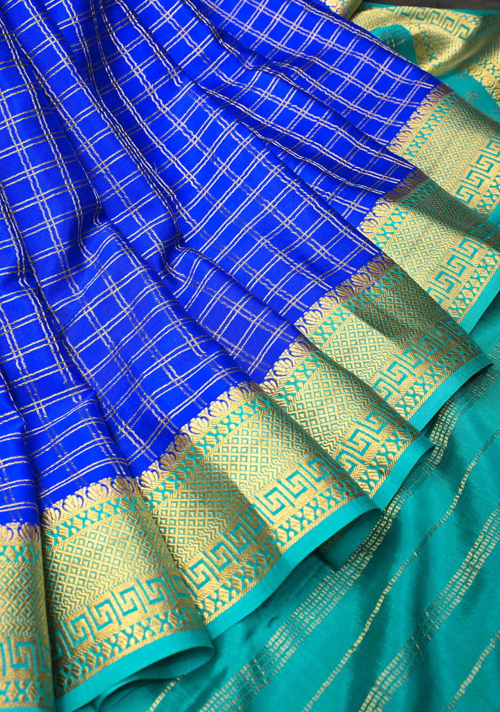 Royal Blue Zari Checks Mysore silk Saree with Zari Border in KSIC Grade Thickness | SILK MARK CERTIFIED