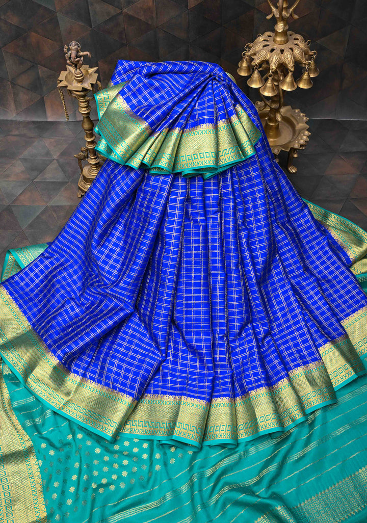 Royal Blue Zari Checks Mysore silk Saree with Zari Border in KSIC Grade Thickness | SILK MARK CERTIFIED