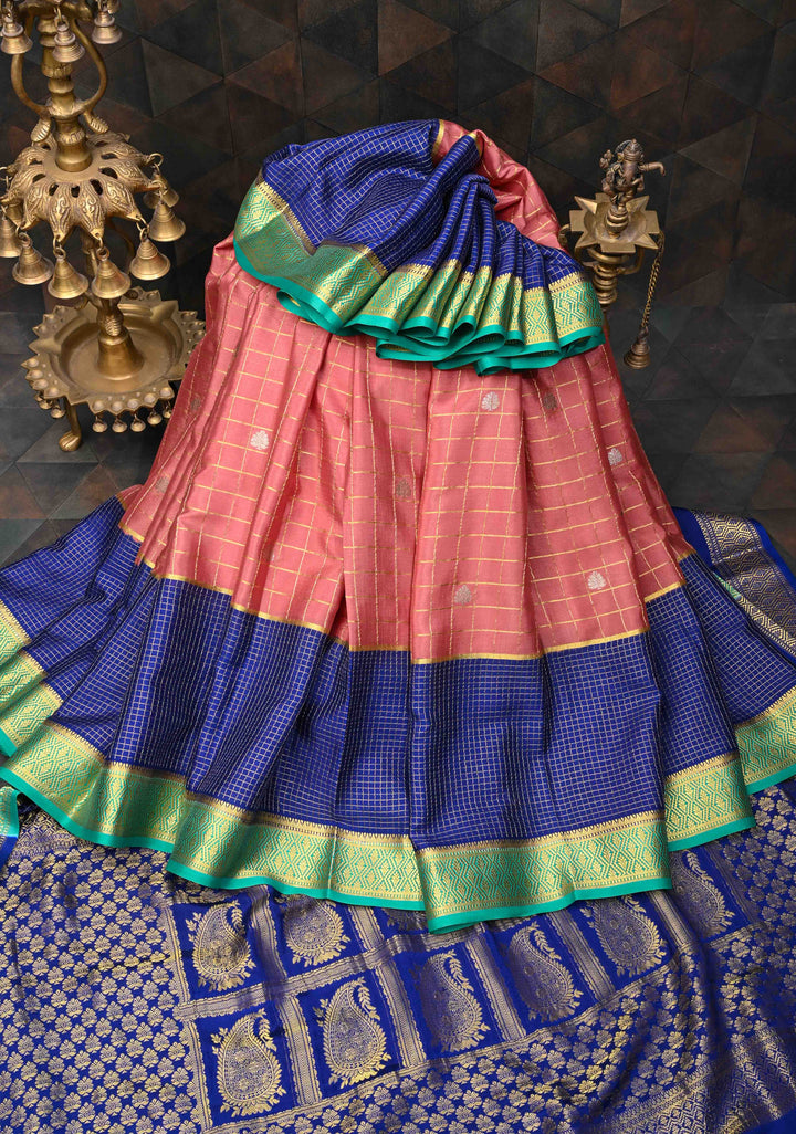 Coral Pink Mysore Silk Saree With Checks And Checked Panel Zari Border in KSIC Grade Thickness | SILK MARK CERTIFIED