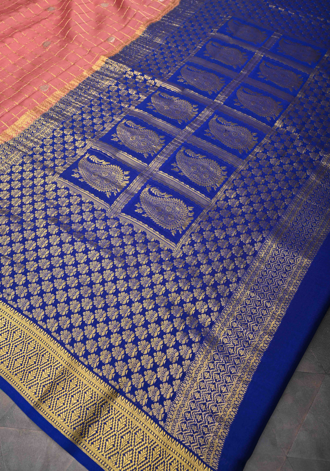 Coral Pink Mysore Silk Saree With Checks And Checked Panel Zari Border in KSIC Grade Thickness | SILK MARK CERTIFIED