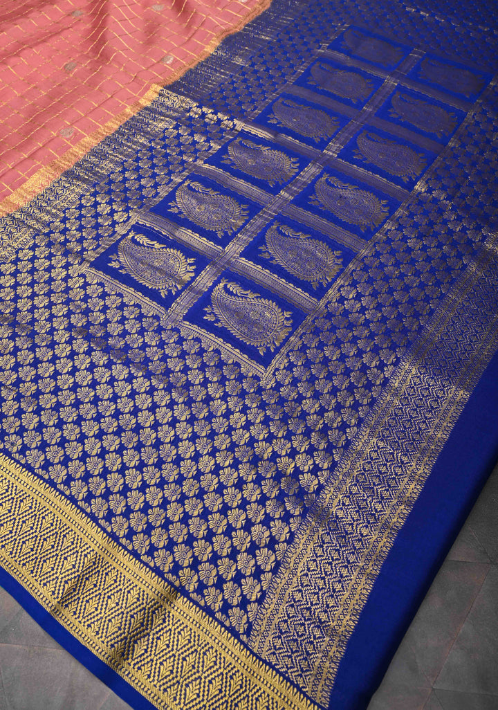 Coral Pink Mysore Silk Saree With Checks And Checked Panel Zari Border in KSIC Grade Thickness | SILK MARK CERTIFIED