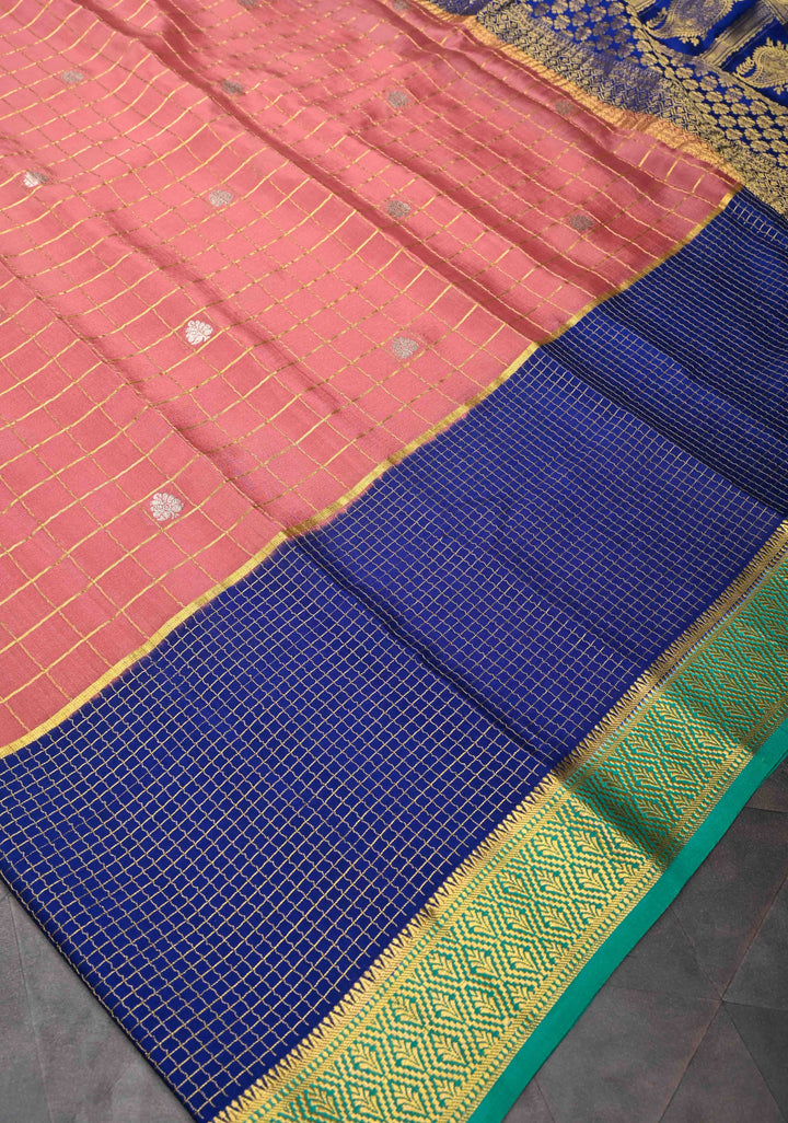 Coral Pink Mysore Silk Saree With Checks And Checked Panel Zari Border in KSIC Grade Thickness | SILK MARK CERTIFIED