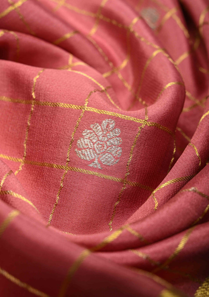 Coral Pink Mysore Silk Saree With Checks And Checked Panel Zari Border in KSIC Grade Thickness | SILK MARK CERTIFIED