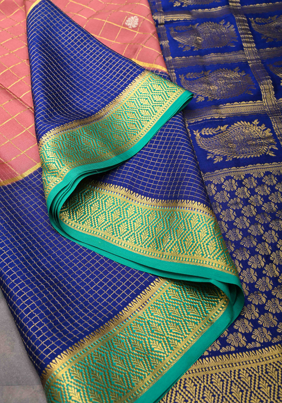 Coral Pink Mysore Silk Saree With Checks And Checked Panel Zari Border in KSIC Grade Thickness | SILK MARK CERTIFIED