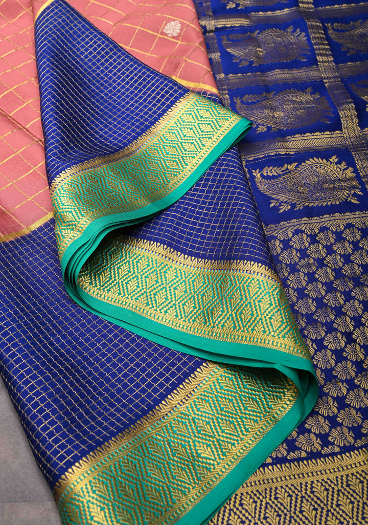Coral Pink Mysore Silk Saree With Checks And Checked Panel Zari Border in KSIC Grade Thickness | SILK MARK CERTIFIED