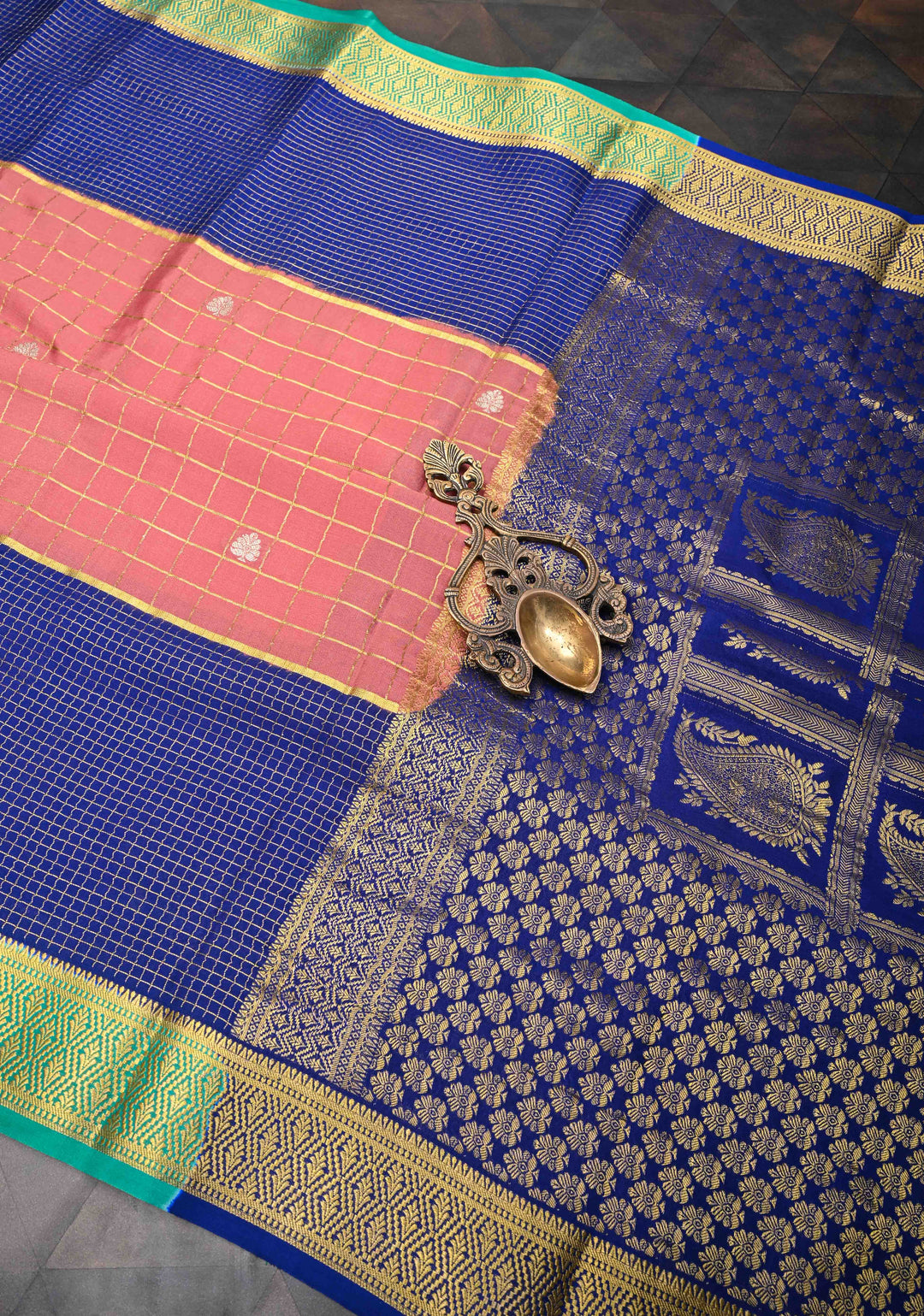 Coral Pink Mysore Silk Saree With Checks And Checked Panel Zari Border in KSIC Grade Thickness | SILK MARK CERTIFIED