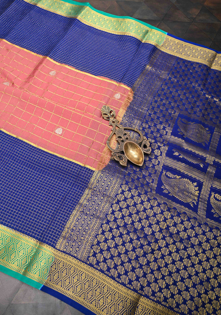 Coral Pink Mysore Silk Saree With Checks And Checked Panel Zari Border in KSIC Grade Thickness | SILK MARK CERTIFIED