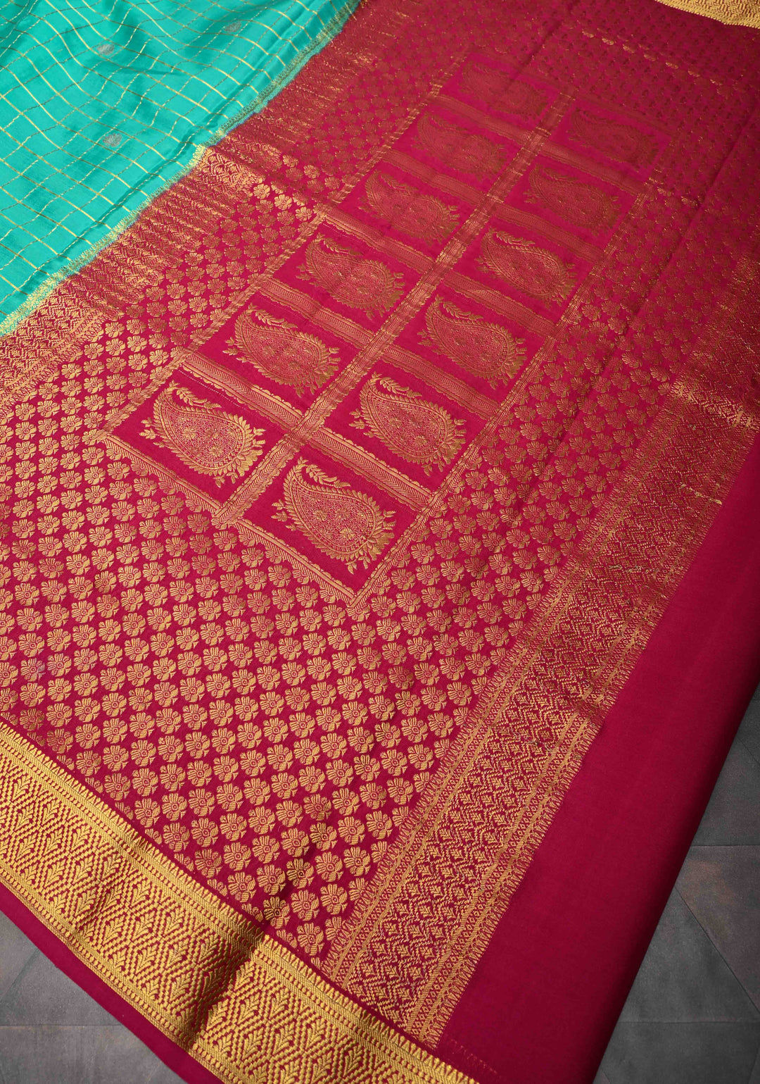 Sea Green Mysore Silk Saree with Checks and Checked Panel Zari Border in KSIC Grade Thickness| SILK MARK CERTIFIED