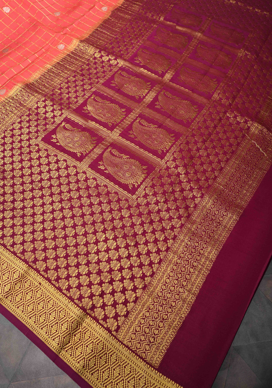 Orange Mysore Silk Saree With Checks And Checked Panel Zari Border in KSIC Grade Thickness| SILK MARK CERTIFIED