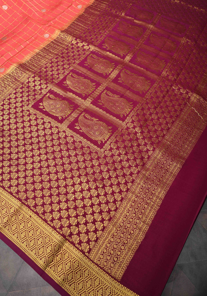 Orange Mysore Silk Saree With Checks And Checked Panel Zari Border in KSIC Grade Thickness| SILK MARK CERTIFIED
