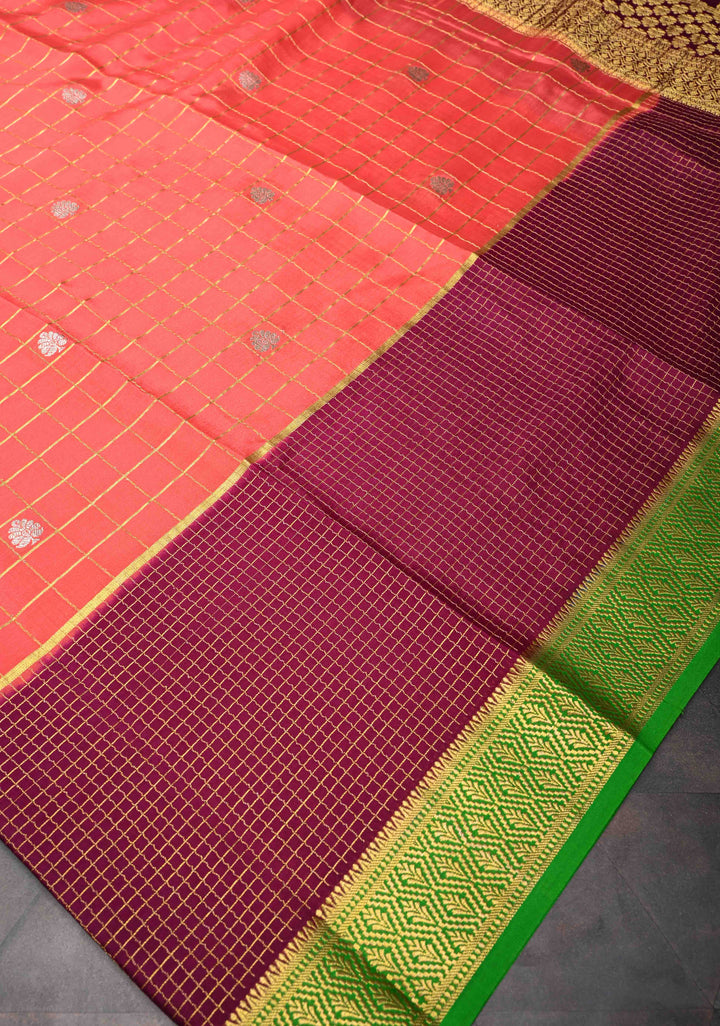 Orange Mysore Silk Saree With Checks And Checked Panel Zari Border in KSIC Grade Thickness| SILK MARK CERTIFIED
