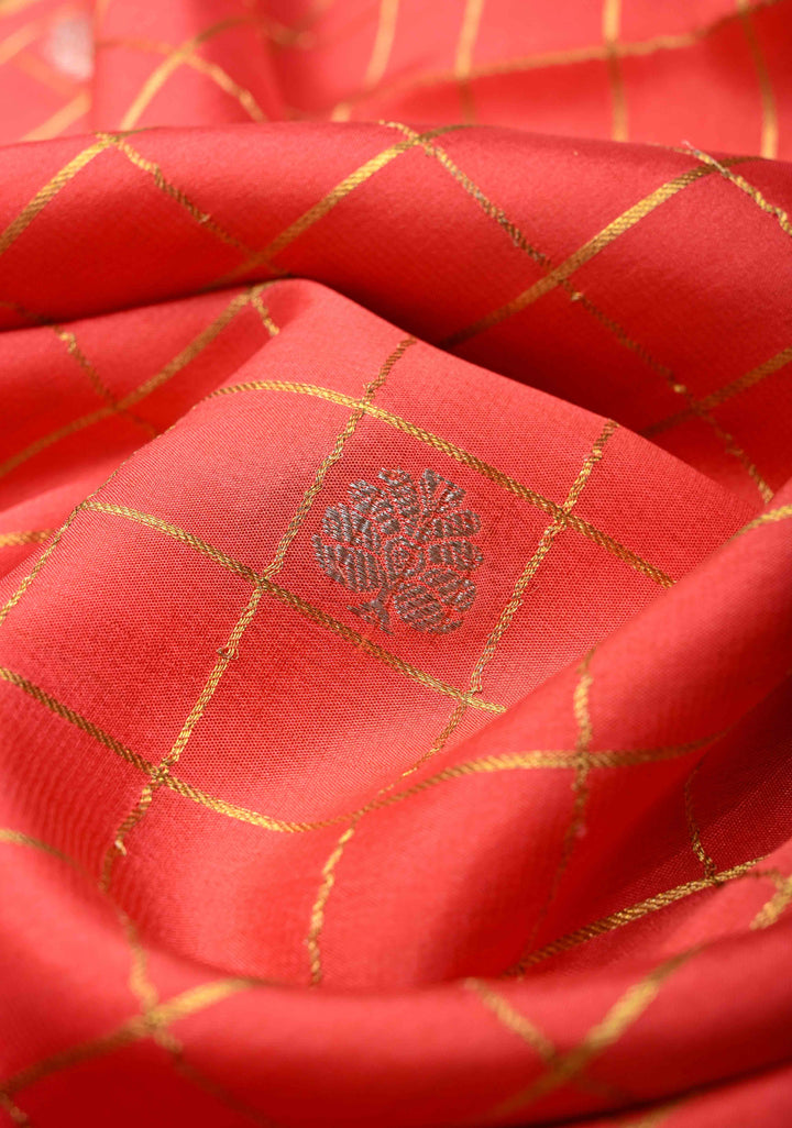 Orange Mysore Silk Saree With Checks And Checked Panel Zari Border in KSIC Grade Thickness| SILK MARK CERTIFIED