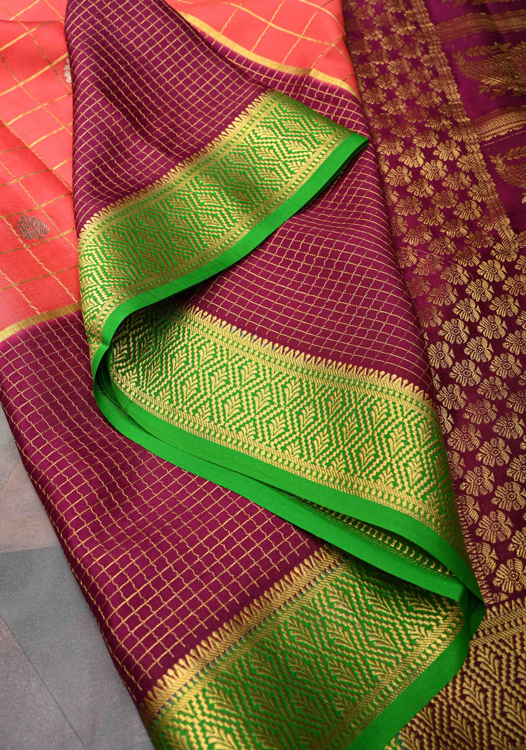 Orange Mysore Silk Saree With Checks And Checked Panel Zari Border in KSIC Grade Thickness| SILK MARK CERTIFIED