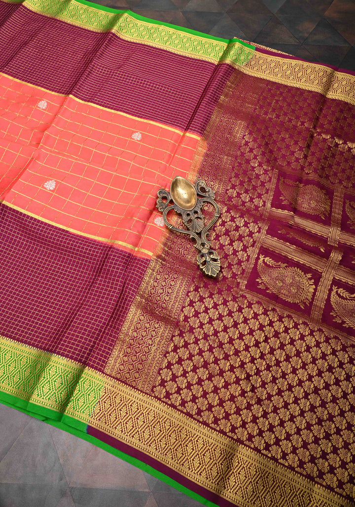 Orange Mysore Silk Saree With Checks And Checked Panel Zari Border in KSIC Grade Thickness| SILK MARK CERTIFIED