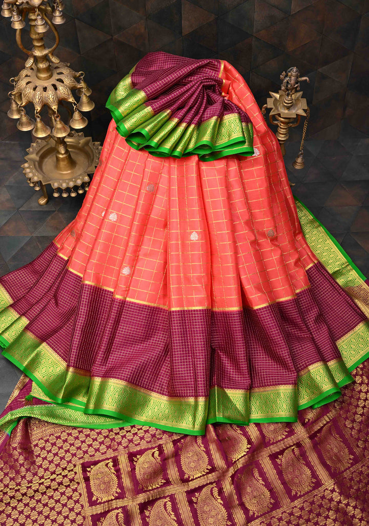 Orange Mysore Silk Saree With Checks And Checked Panel Zari Border in KSIC Grade Thickness| SILK MARK CERTIFIED