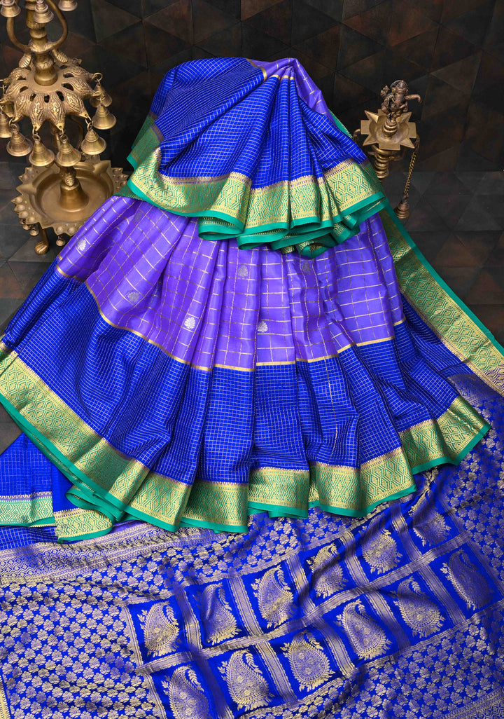 Purple Pure Mysore Silk Saree With Checks And Checked panel zari Border in KSIC Grade Thickness| SILK MARK CERTIFIED
