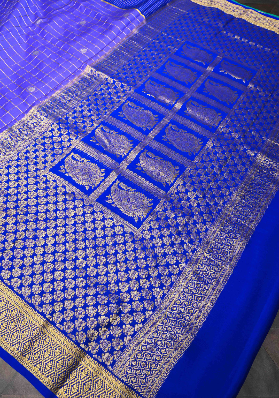 Purple Pure Mysore Silk Saree With Checks And Checked panel zari Border in KSIC Grade Thickness| SILK MARK CERTIFIED
