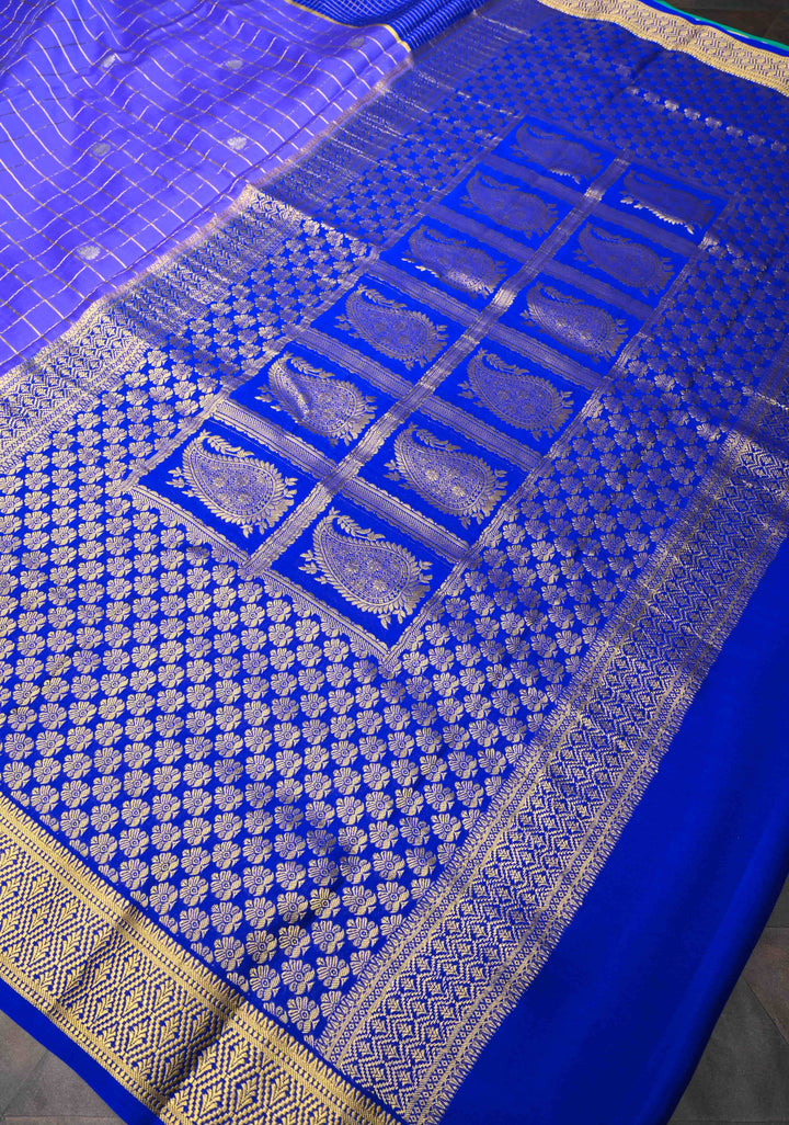 Purple Pure Mysore Silk Saree With Checks And Checked panel zari Border in KSIC Grade Thickness| SILK MARK CERTIFIED