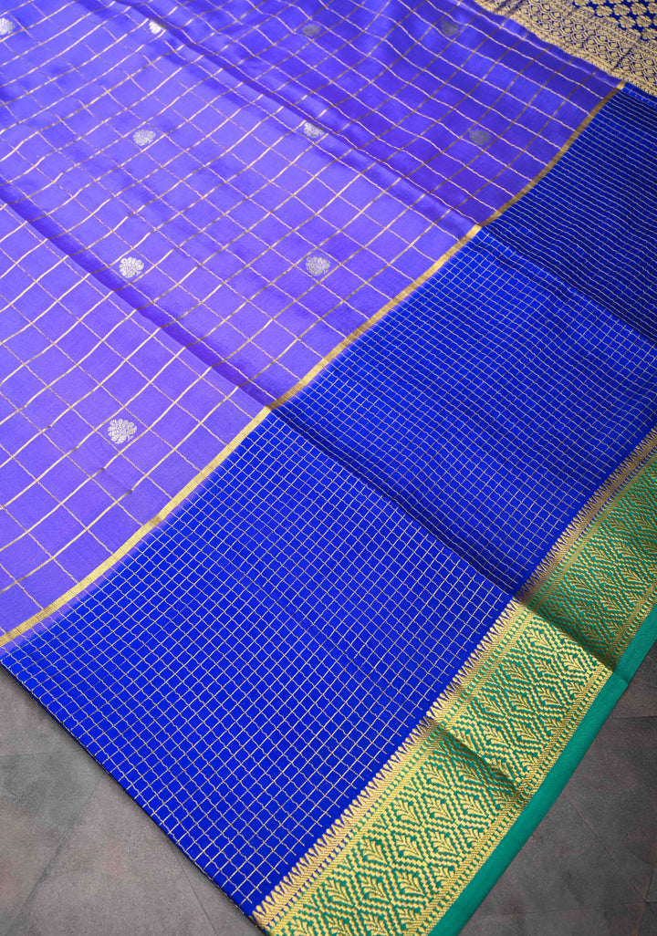 Purple Pure Mysore Silk Saree With Checks And Checked panel zari Border in KSIC Grade Thickness| SILK MARK CERTIFIED