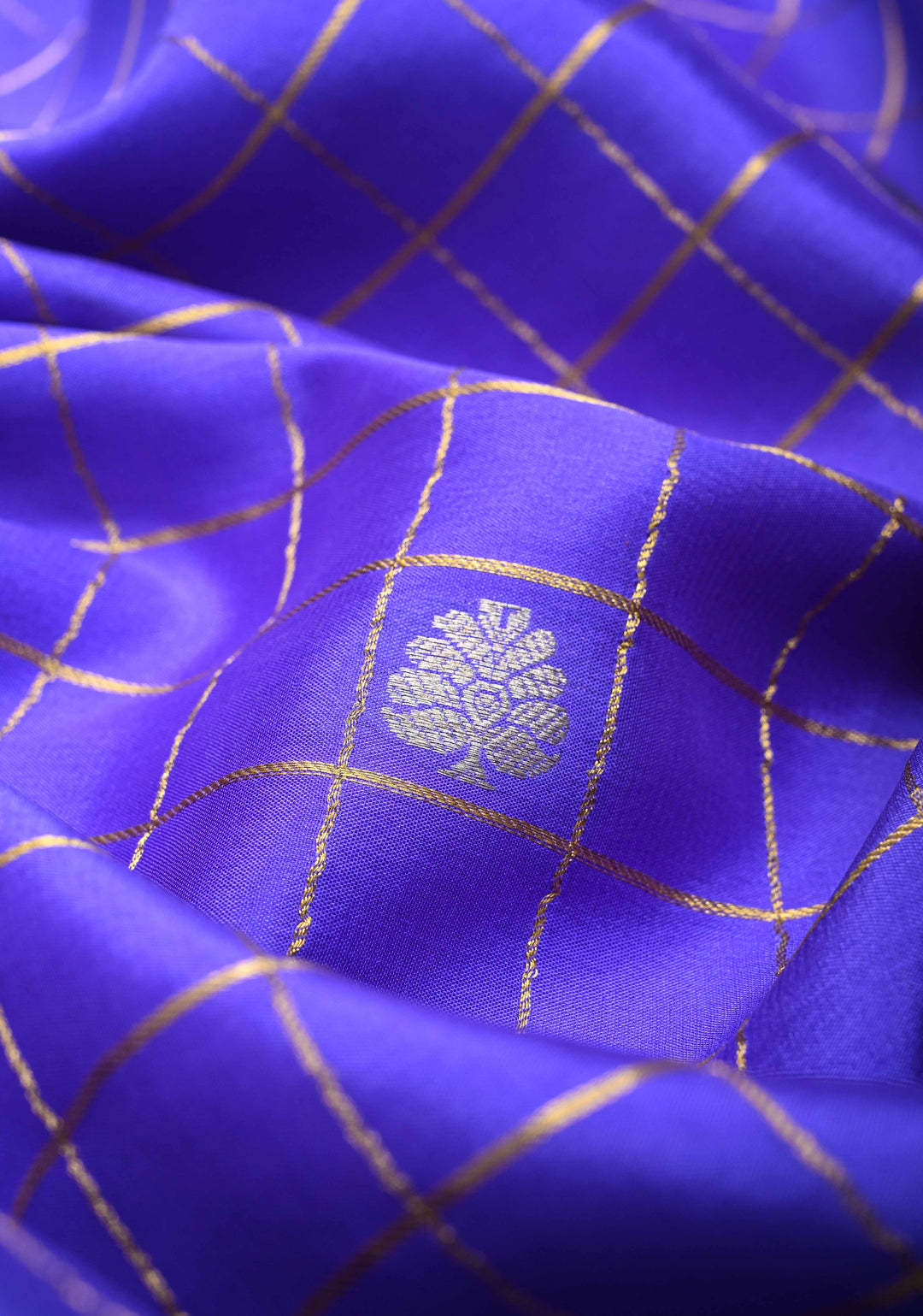 Purple Pure Mysore Silk Saree With Checks And Checked panel zari Border in KSIC Grade Thickness| SILK MARK CERTIFIED