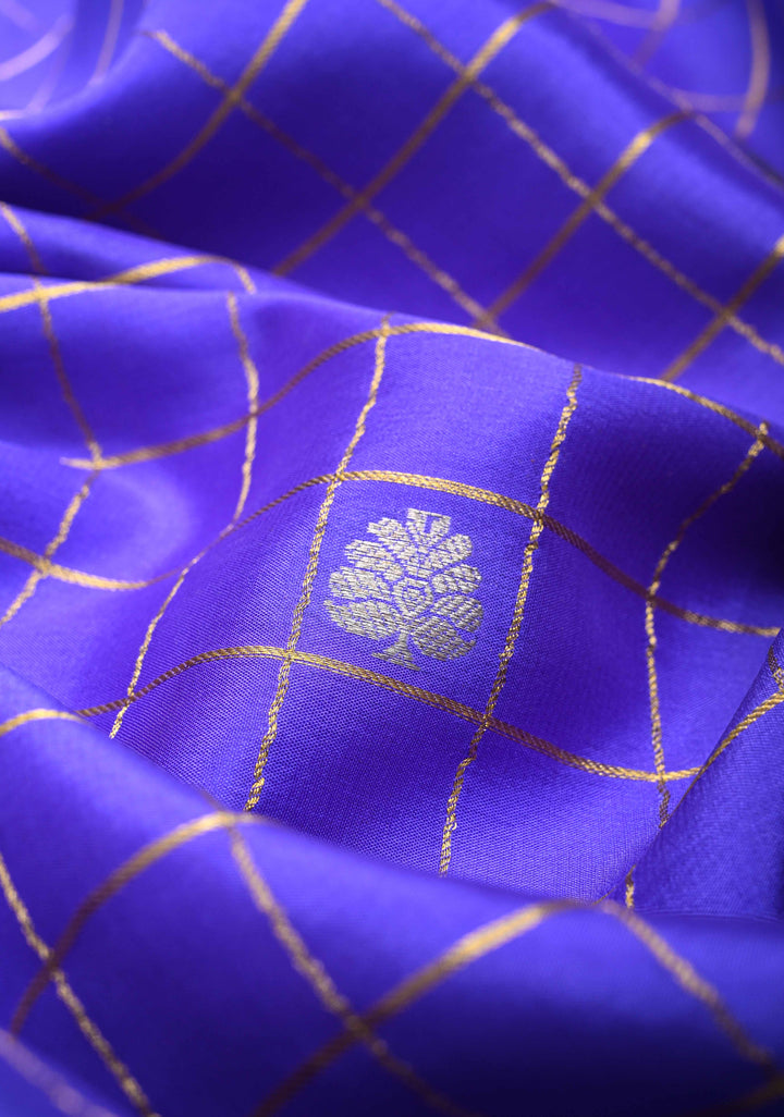 Purple Pure Mysore Silk Saree With Checks And Checked panel zari Border in KSIC Grade Thickness| SILK MARK CERTIFIED