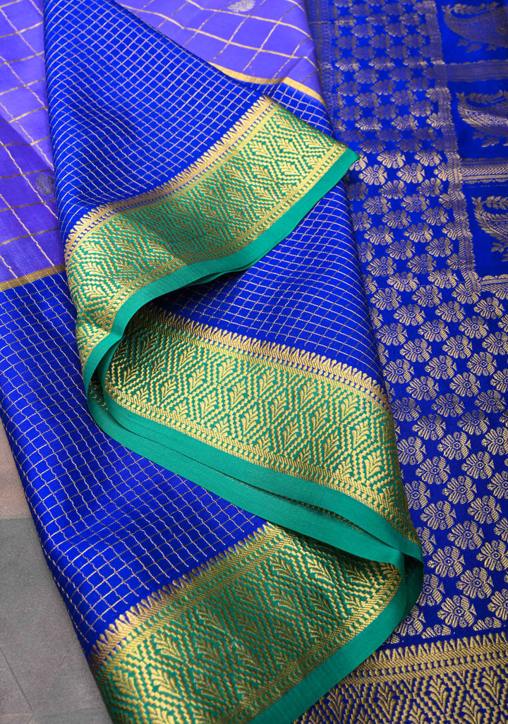 Purple Pure Mysore Silk Saree With Checks And Checked panel zari Border in KSIC Grade Thickness| SILK MARK CERTIFIED