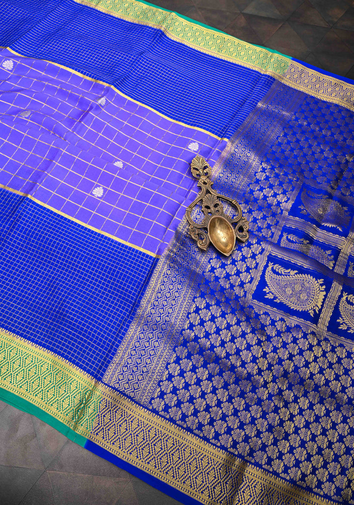 Purple Pure Mysore Silk Saree With Checks And Checked panel zari Border in KSIC Grade Thickness| SILK MARK CERTIFIED