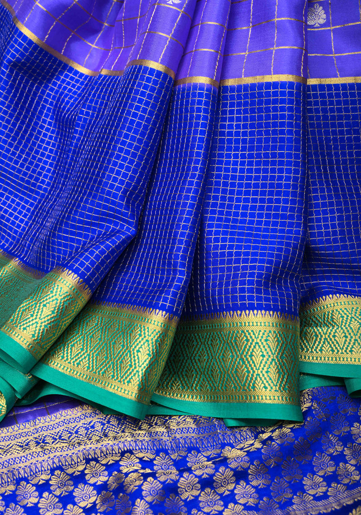 Purple Pure Mysore Silk Saree With Checks And Checked panel zari Border in KSIC Grade Thickness| SILK MARK CERTIFIED
