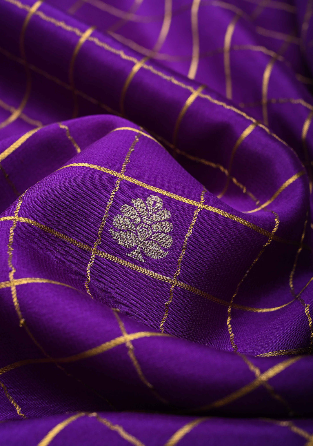 Aubergine Purple Mysore Silk Saree With Checks And Checked Panel Zari Border in KSIC Grade Thickness| SILK MARK CERTIFIED