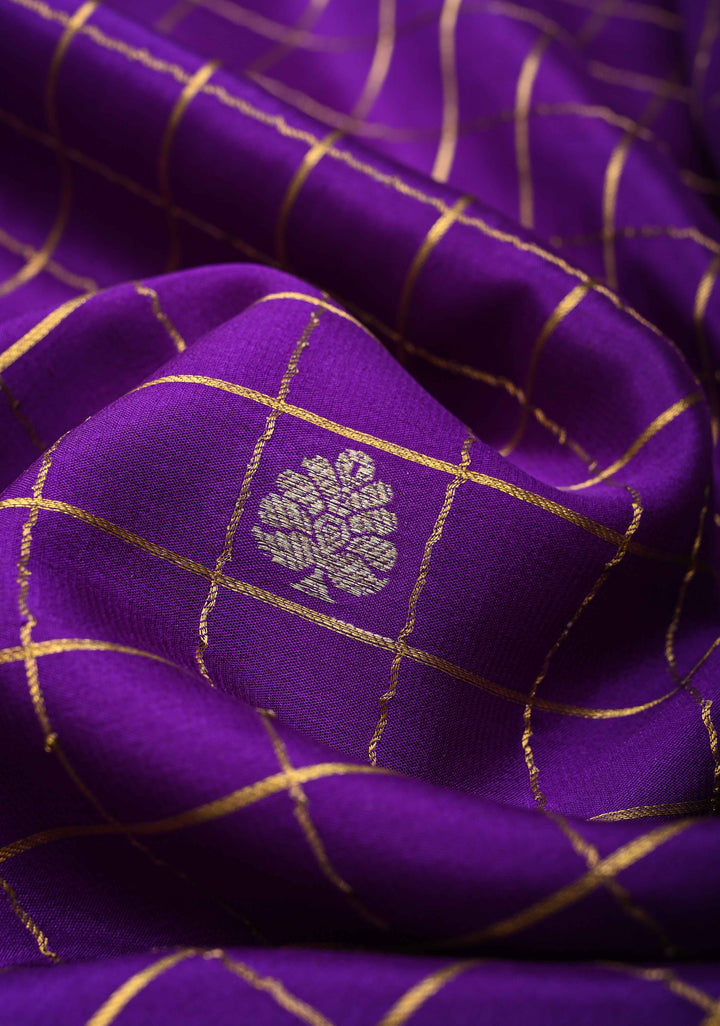 Aubergine Purple Mysore Silk Saree With Checks And Checked Panel Zari Border in KSIC Grade Thickness| SILK MARK CERTIFIED