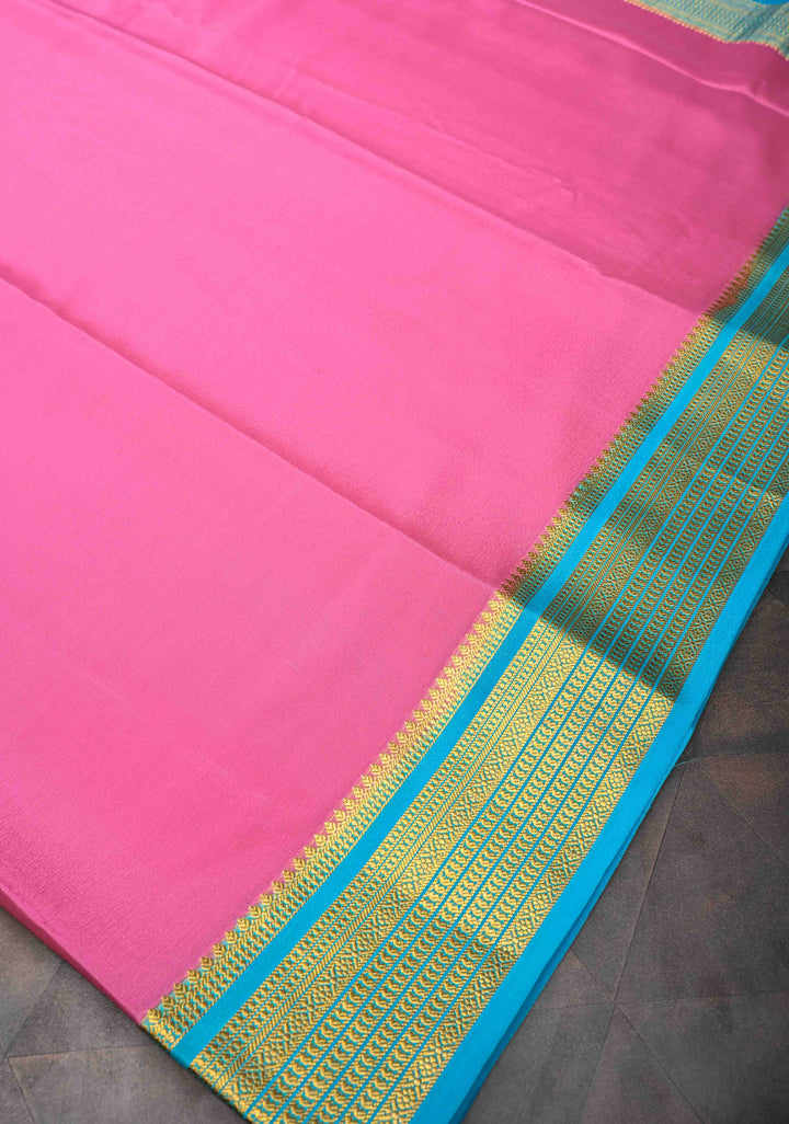 Bubblegum Pink Pure Mysore Silk Saree with Contrast Zari border in KSIC Grade Thickness| SILK MARK CERTIFIED