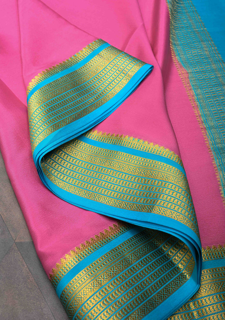 Bubblegum Pink Pure Mysore Silk Saree with Contrast Zari border in KSIC Grade Thickness| SILK MARK CERTIFIED