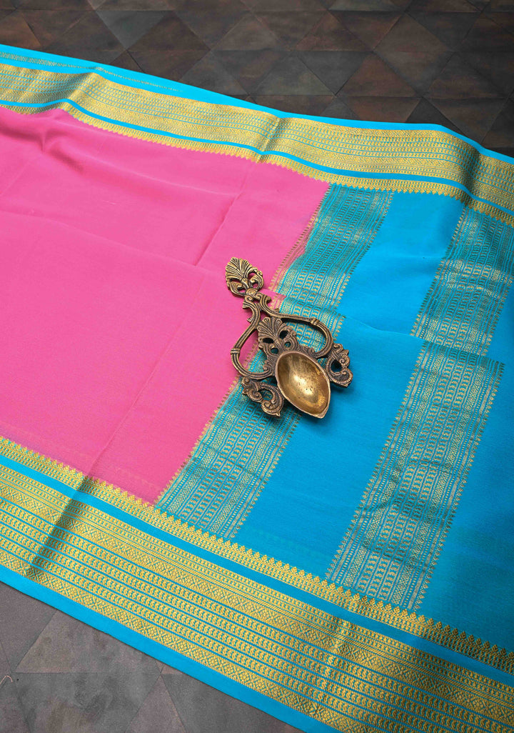 Bubblegum Pink Pure Mysore Silk Saree with Contrast Zari border in KSIC Grade Thickness| SILK MARK CERTIFIED