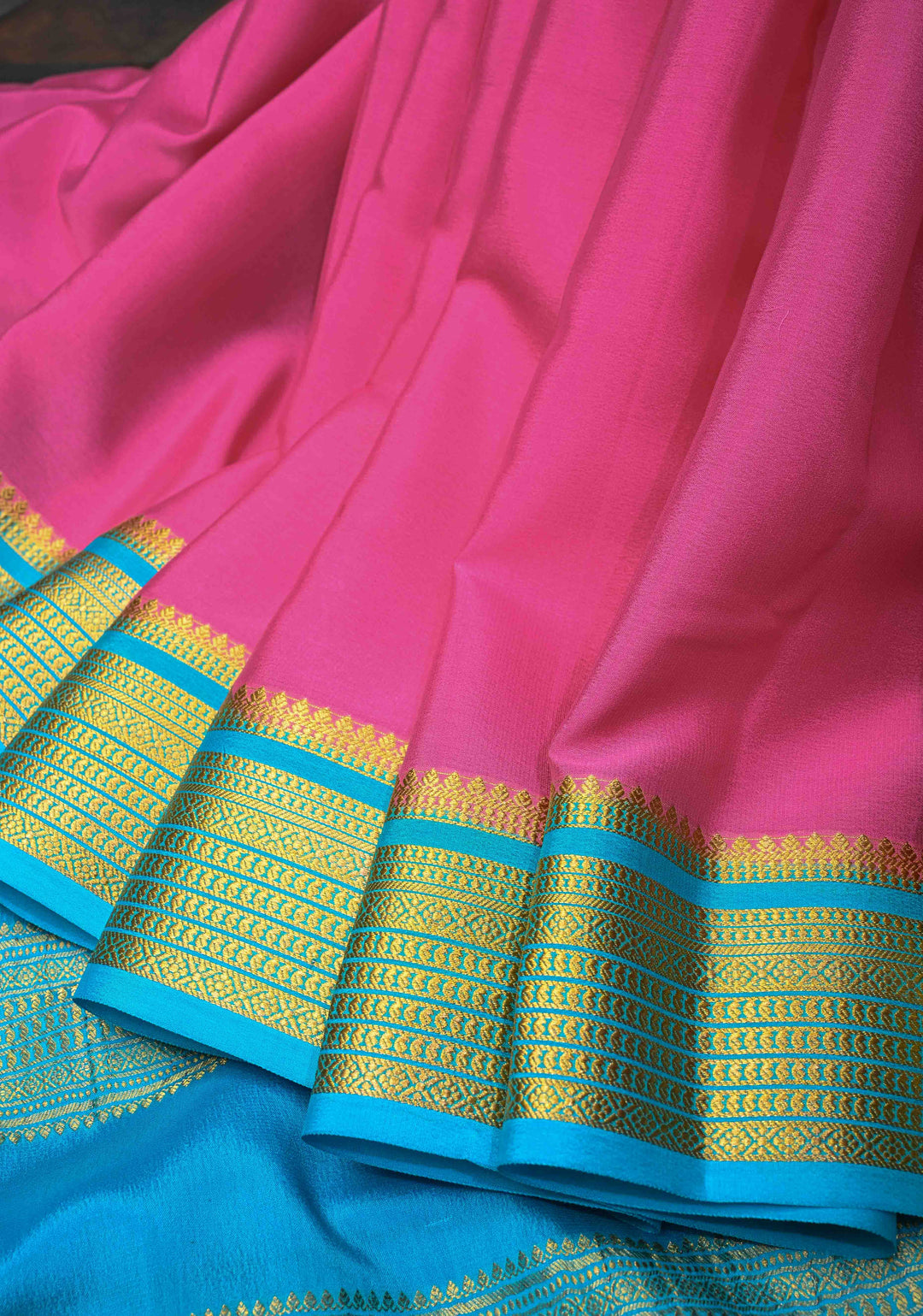 Bubblegum Pink Pure Mysore Silk Saree with Contrast Zari border in KSIC Grade Thickness| SILK MARK CERTIFIED