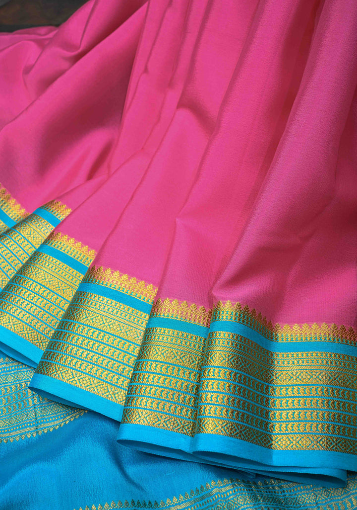 Bubblegum Pink Pure Mysore Silk Saree with Contrast Zari border in KSIC Grade Thickness| SILK MARK CERTIFIED