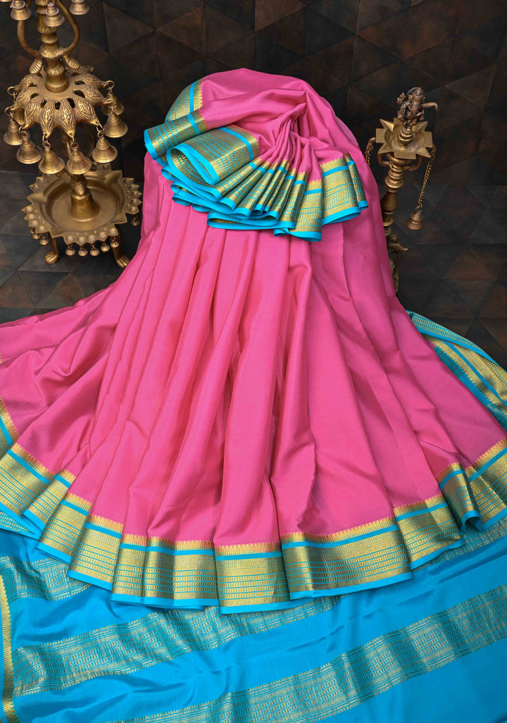 Bubblegum Pink Pure Mysore Silk Saree with Contrast Zari border in KSIC Grade Thickness| SILK MARK CERTIFIED
