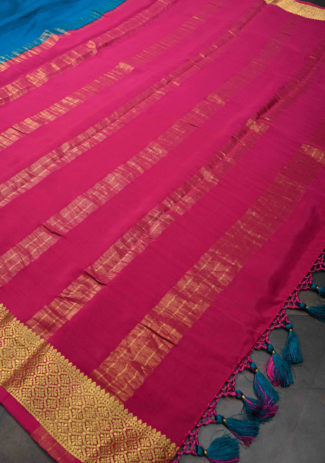 Imperial blue Mysore Silk Saree with Contrast Zari Border | SILK MARK CERTIFIED