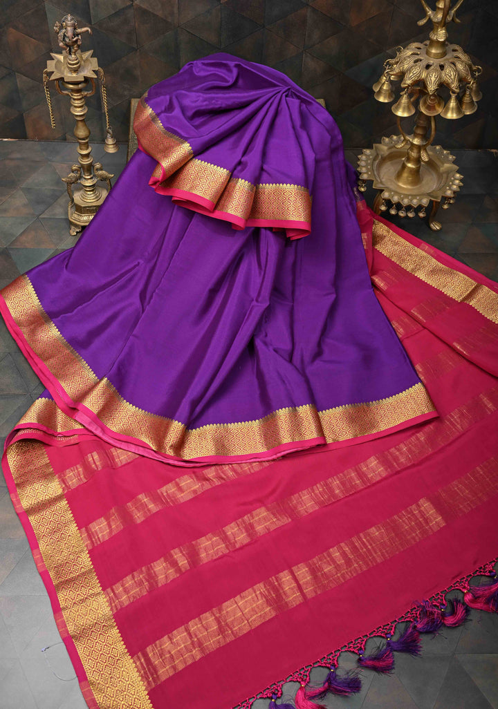 Purple Mysore Silk Saree with Contrast Zari Border | SILK MARK CERTIFIED
